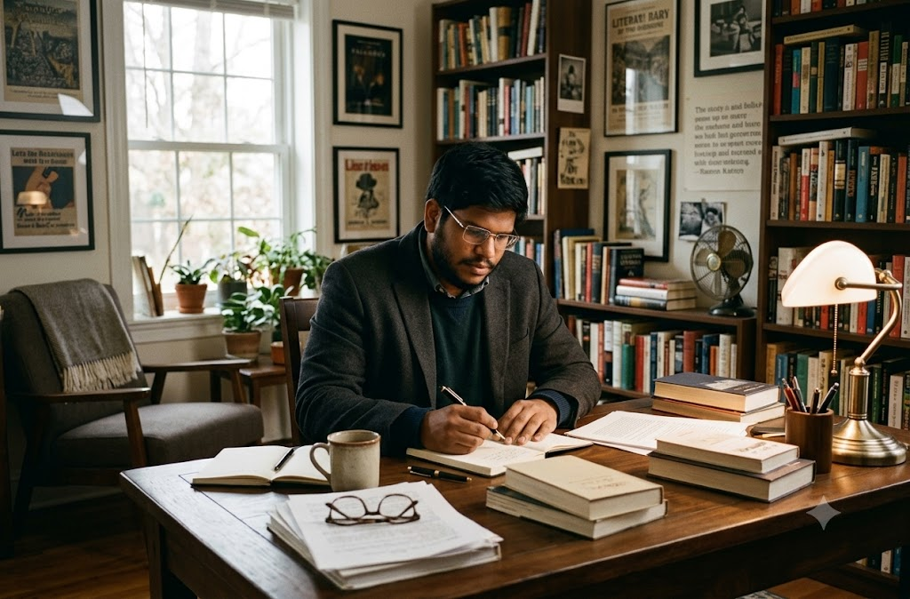 A writer working at a desk in a book-filled study